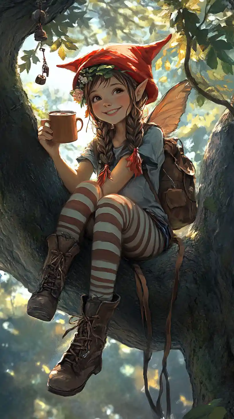 Cute elf girl with cocoa cup sitting in a tree