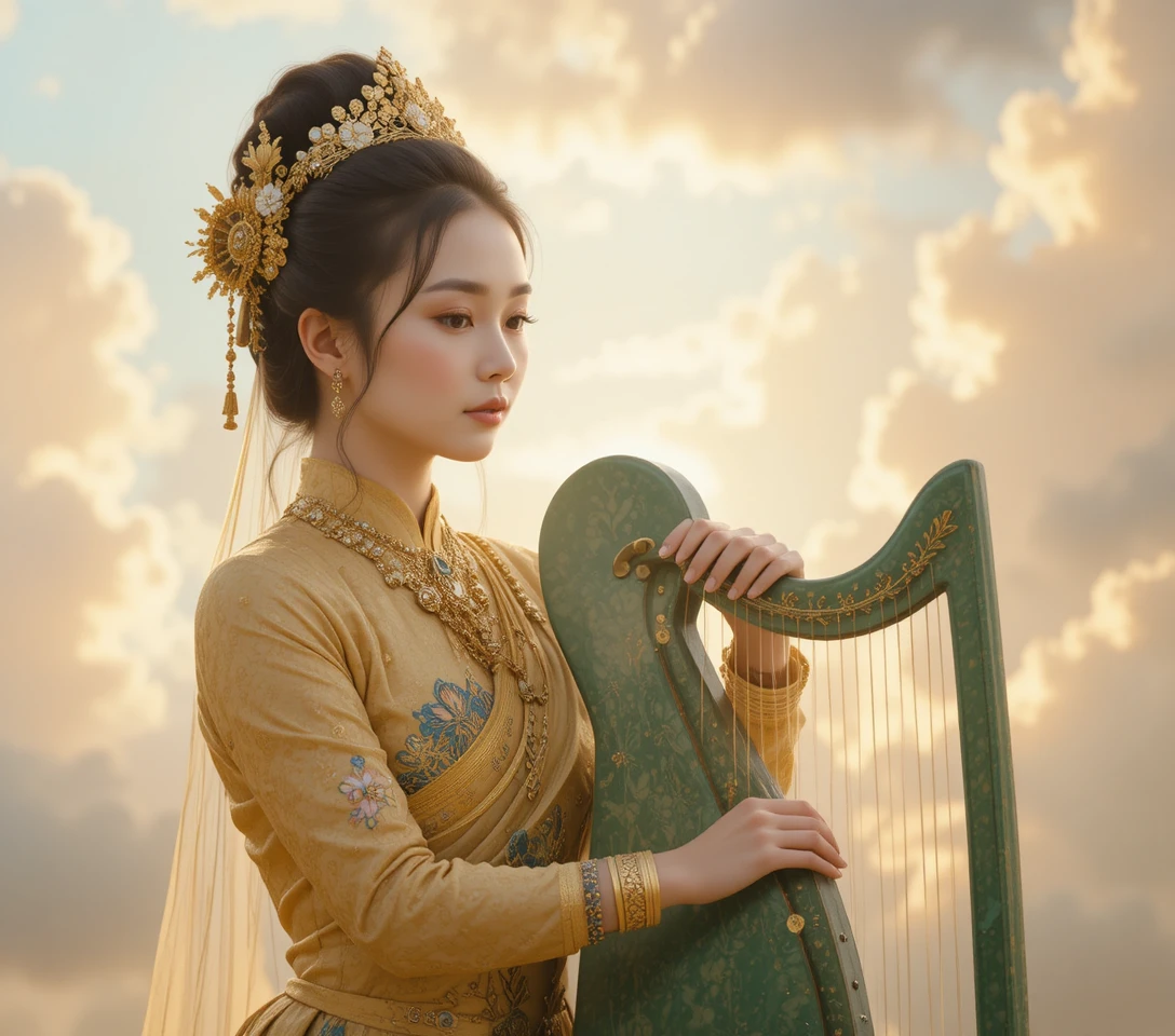 Cambodian musician in golden costume playing harp in the clouds