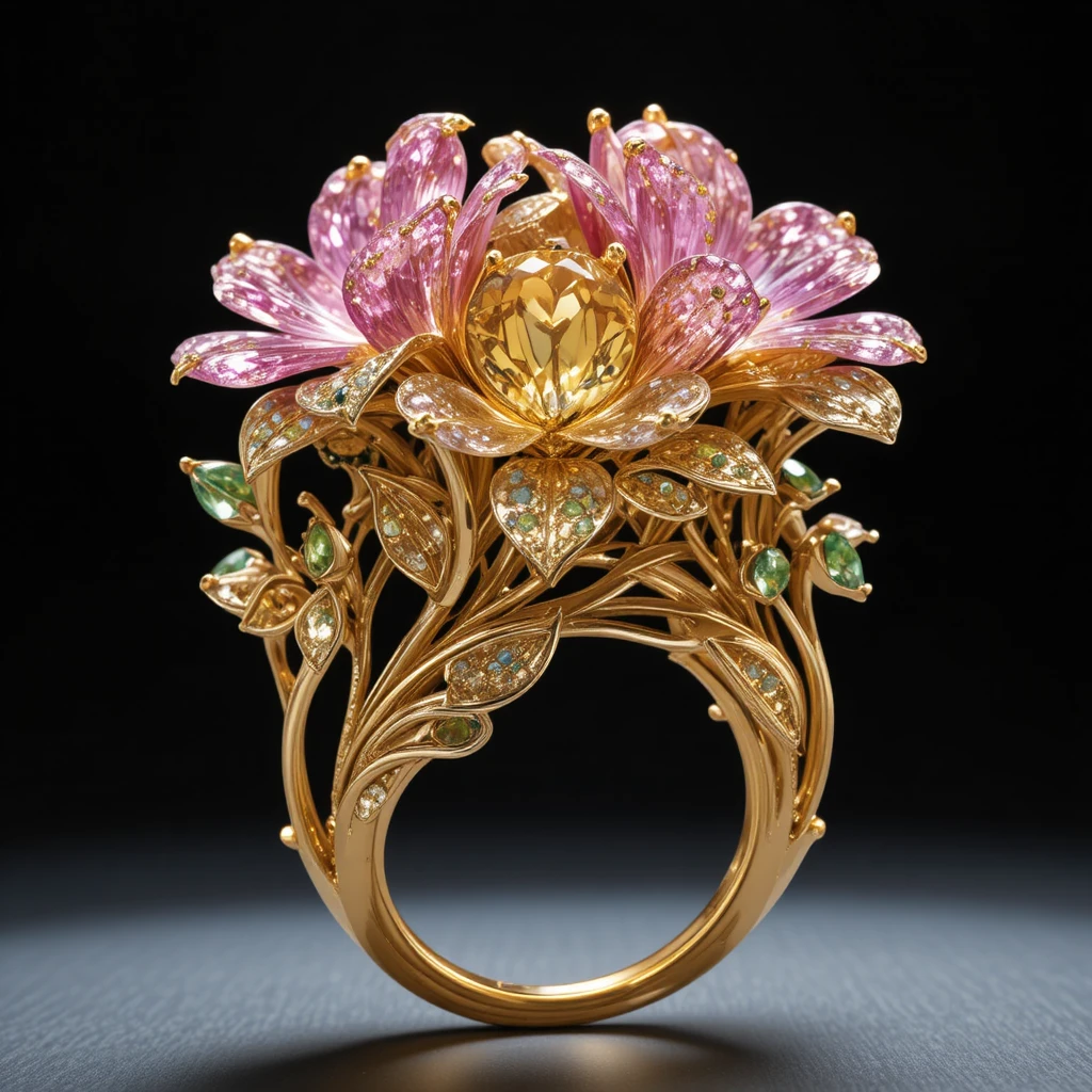 色とりどりの宝石の花びらを持つゴールドのフリージアフラワーリング
