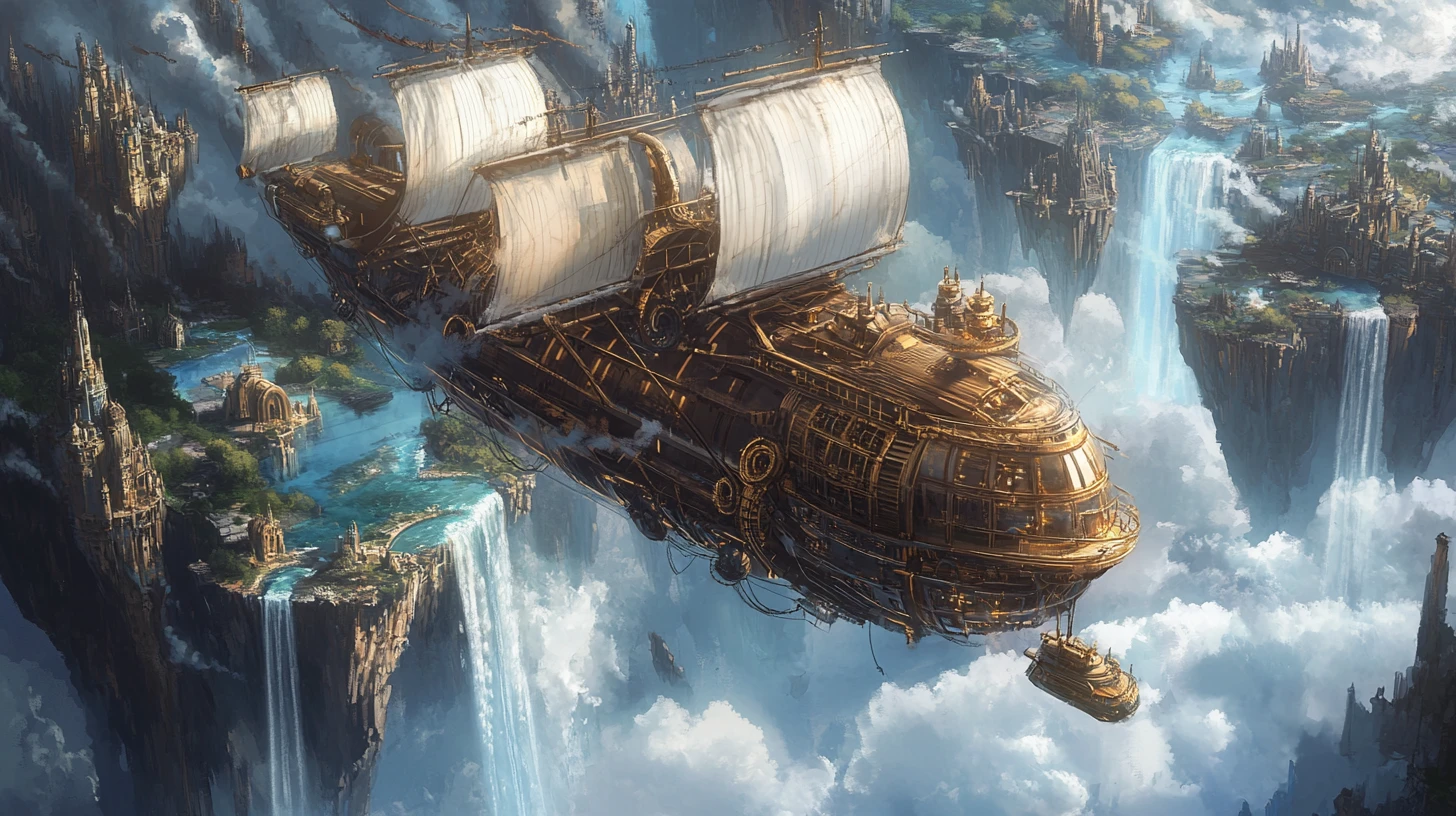 Dirigible steampunk navegando entre imponentes islas flotantes