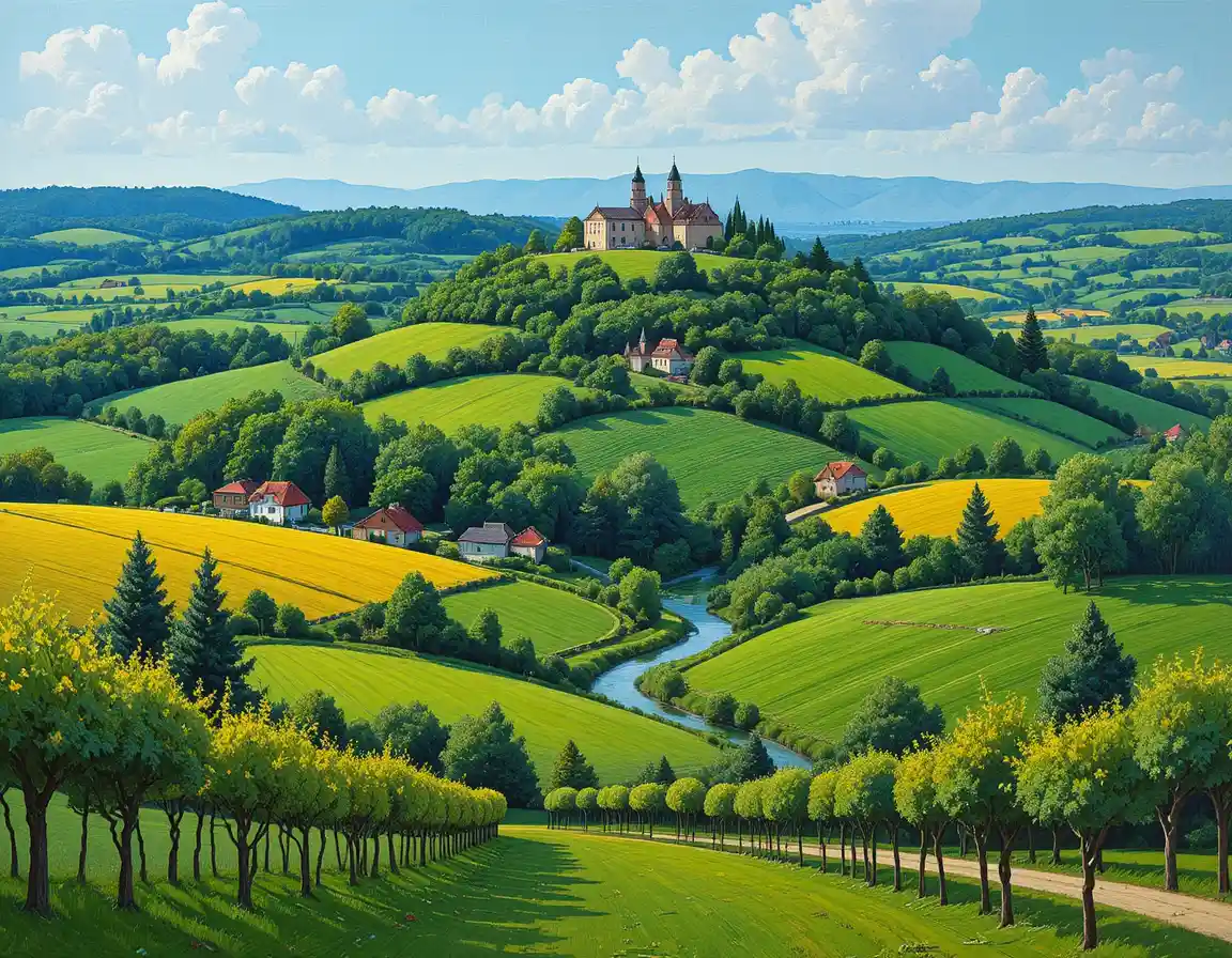 Vallée de campagne paisible avec rivière et pins lointains