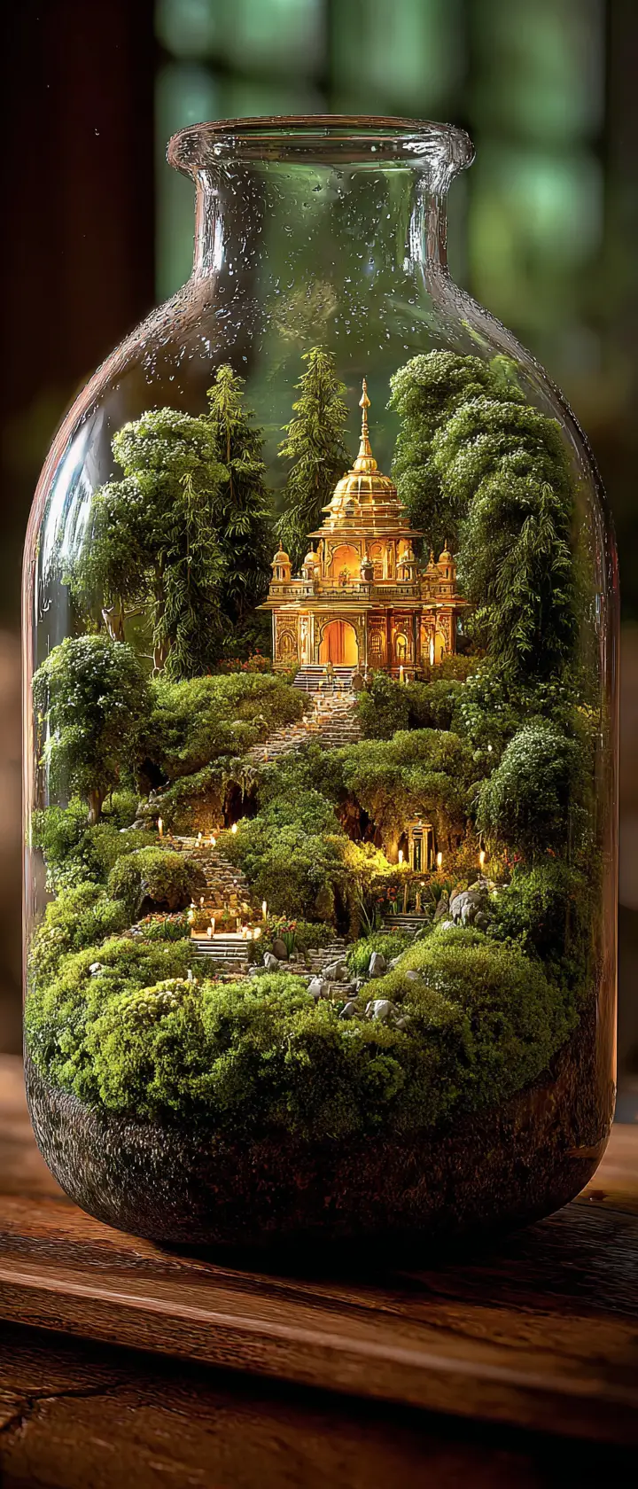 Miniature golden temple terrarium with morning dew under glass