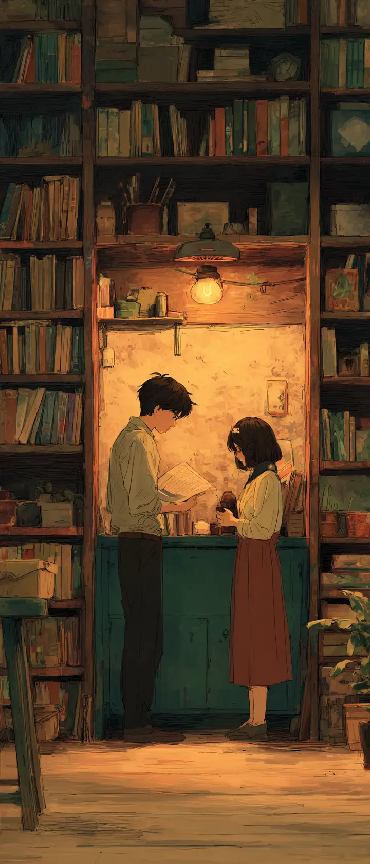 Vintage anime scene of two friends in a cozy kitchen