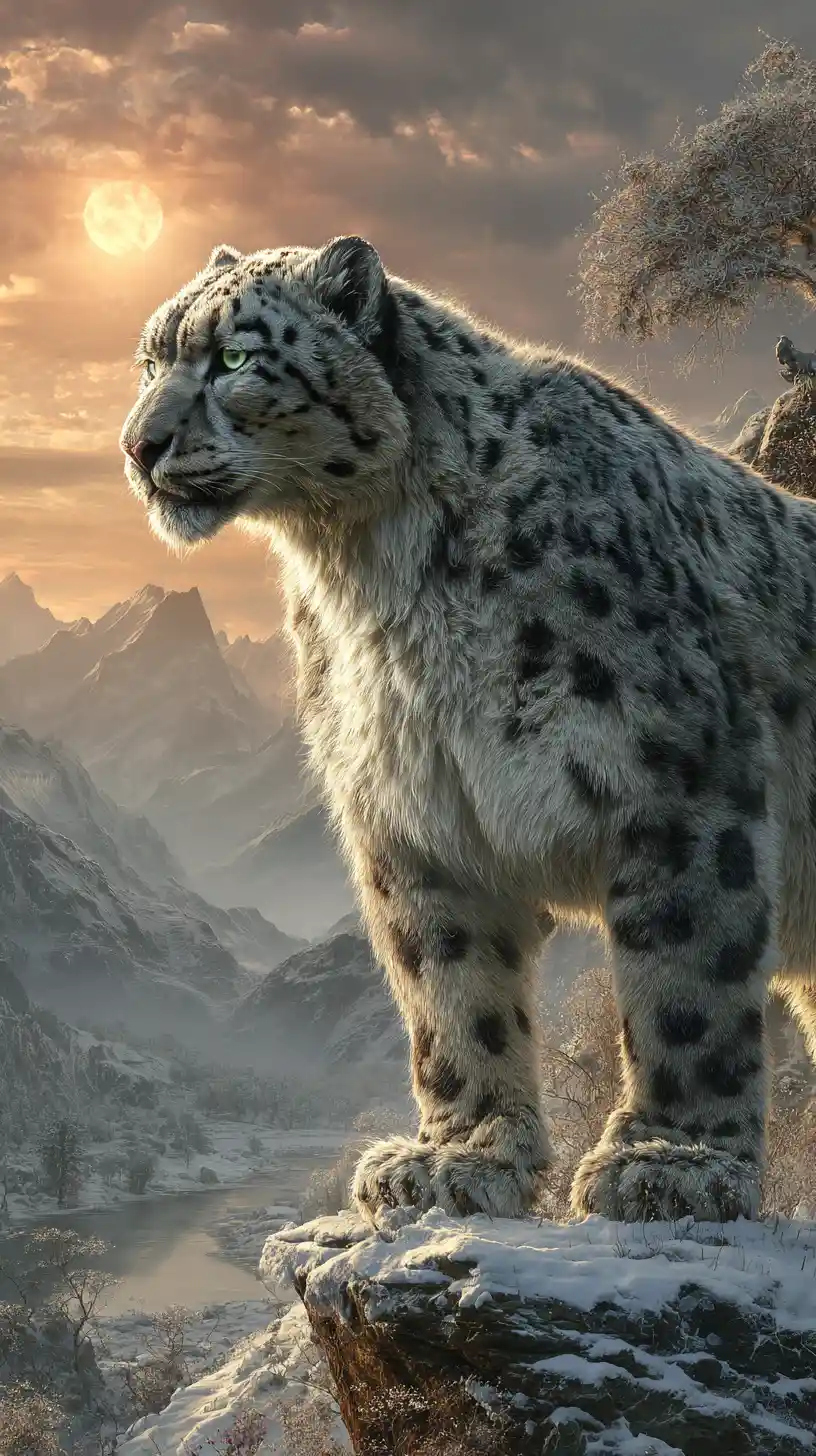Leopardo de las nieves en un acantilado nevado de Suiza bajo la luna naciente