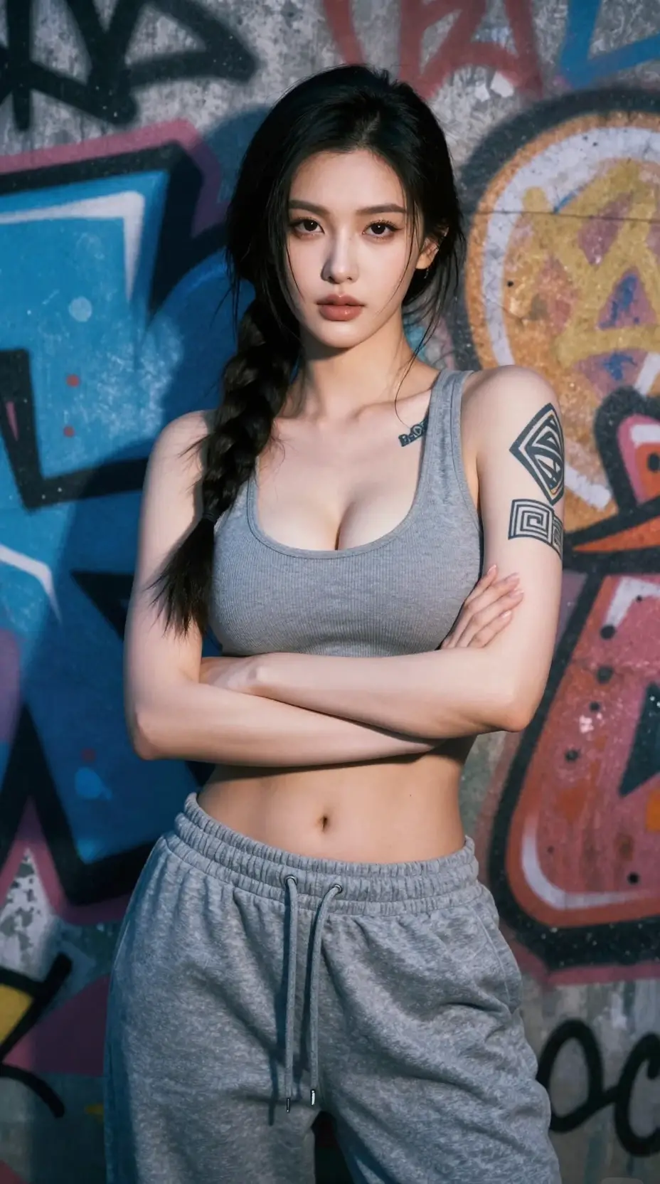 Tattooed Chinese woman in sporty outfit against graffiti wall