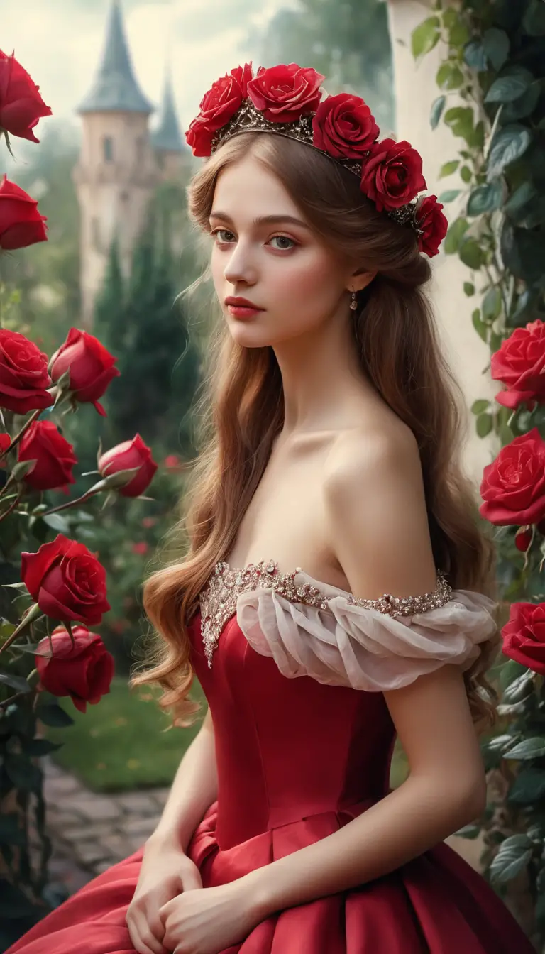 Fantasy rose girl in a crown in a fairytale garden