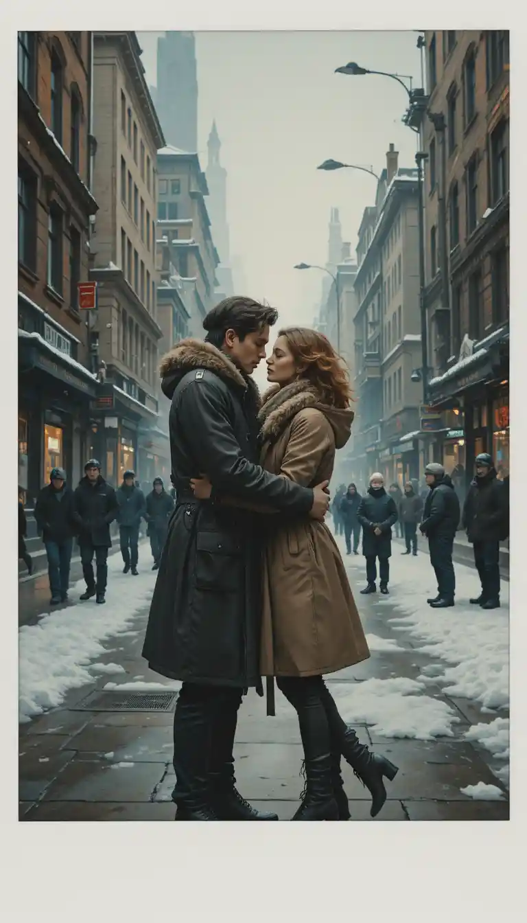 Young couple embracing on a winter city street illustration