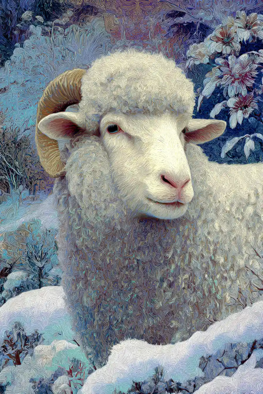 Ethereal Anthropomorphic Sheep In A Snowy Fantasy Landscape