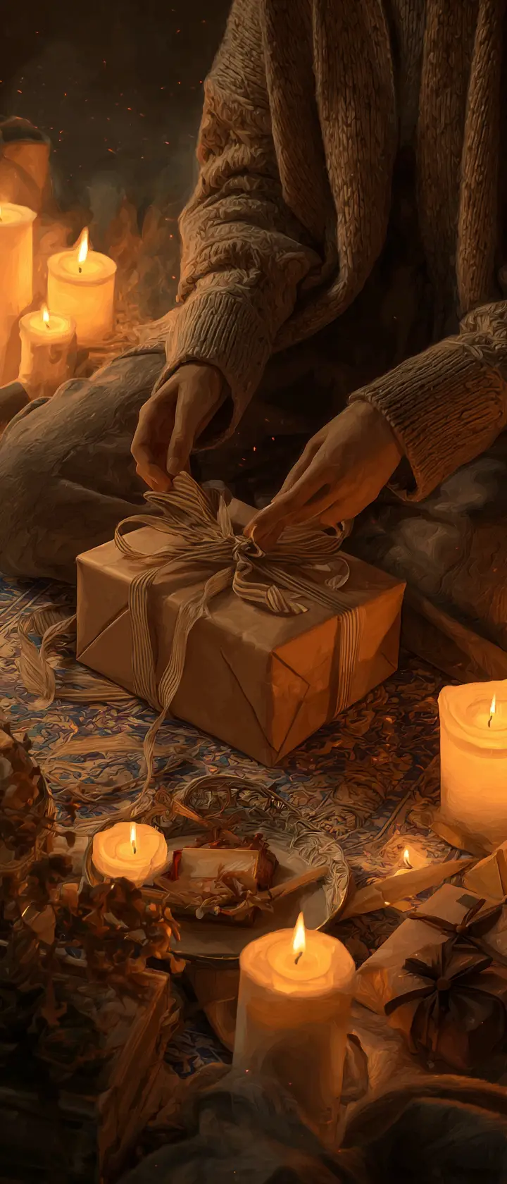 Cozy close up of hands opening a candlelit gift