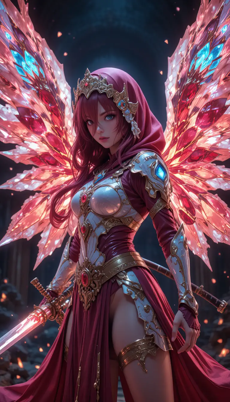 Anime crystal armored warrior woman with massive katana