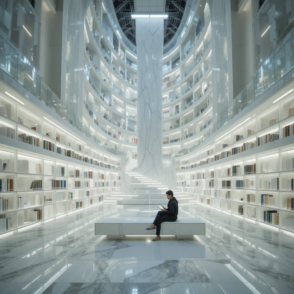 Futuristische Stadtbibliothek im Inneren mit einsamem Leser auf einer Bank