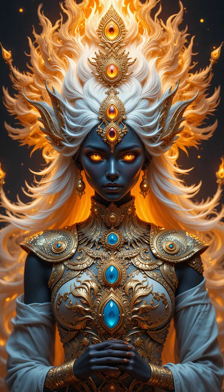 Ser divino de obsidiana con tres ojos brillantes y cabello de llamas