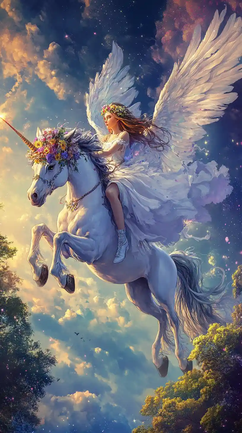 Pegaso ed elfo che volano sopra una foresta incantata