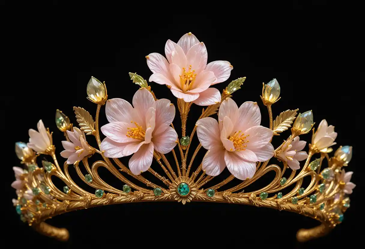 Tiara de ouro com flores de frésia em gemas sobre fundo preto