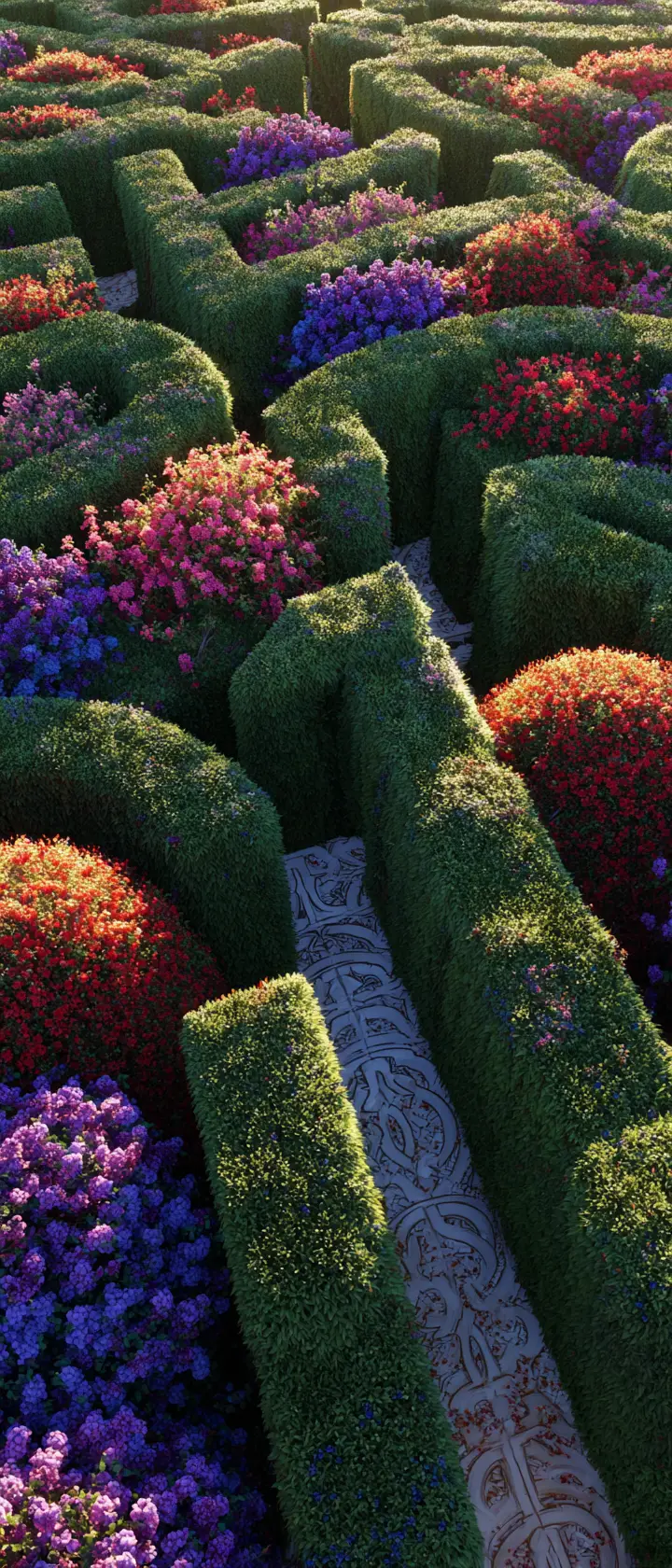 Aerial palace courtyard maze with vibrant flower beds