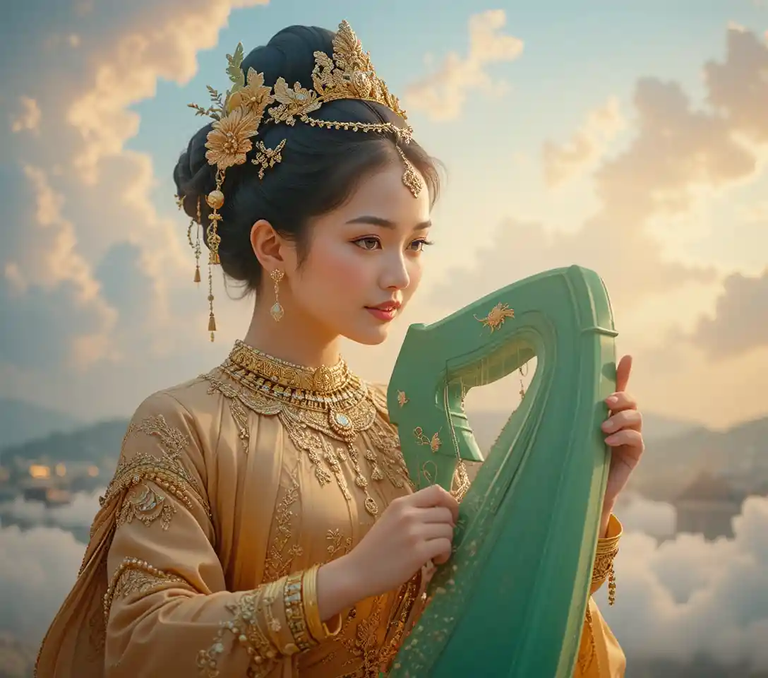 Cambodian classical musician playing harp in golden costume