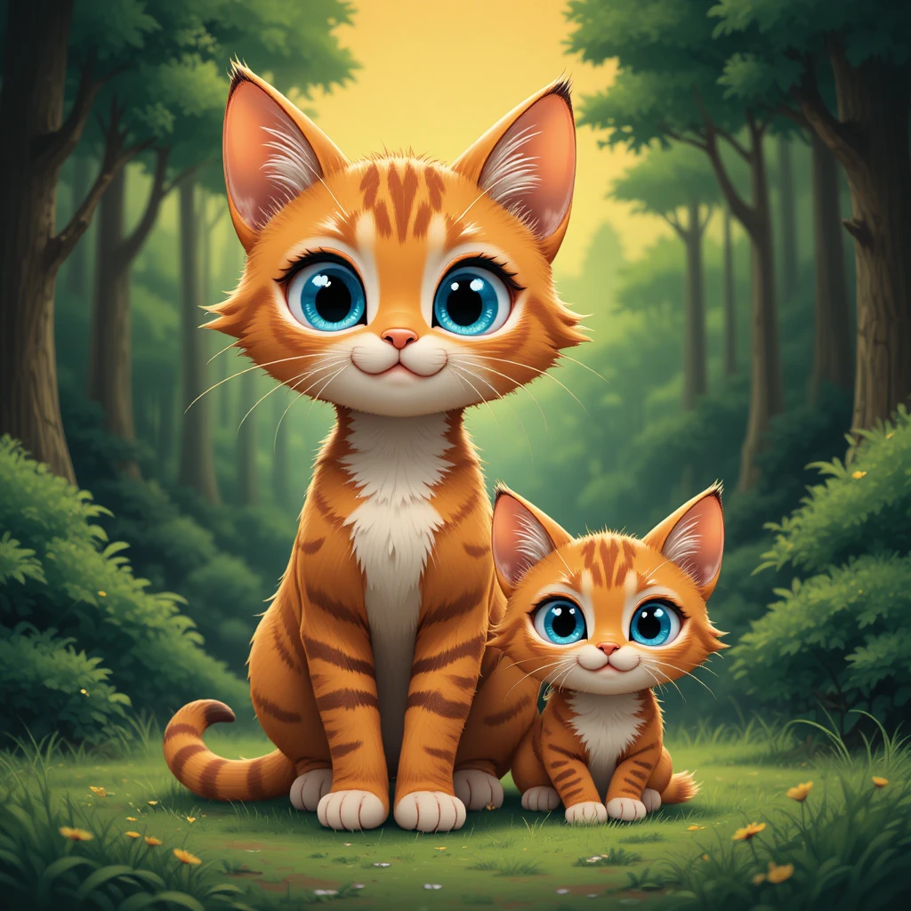 Cute red cat with blue eyes in a green forest