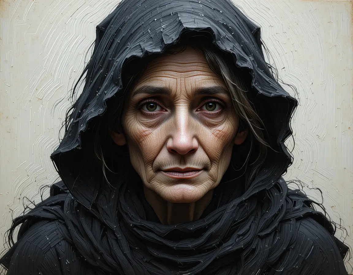 Gaunt Old Peasant Woman With Deep Wrinkles Around Her Chin