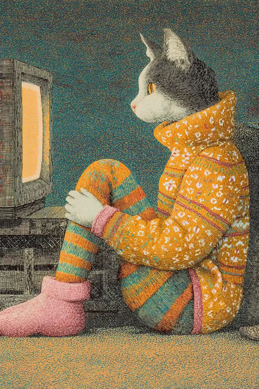 Anthropomorphic Cat In Sweater Watching Television Close Up