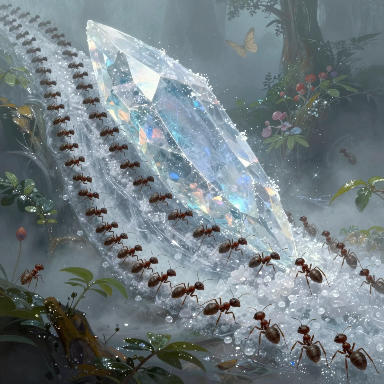 Ants Swarming Over A Fallen Sugar Crystal In Forest Undergrowth