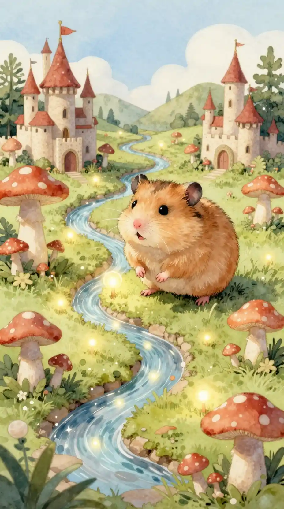 Hamster fofo explorando um minúsculo mundo de fantasia em aquarela