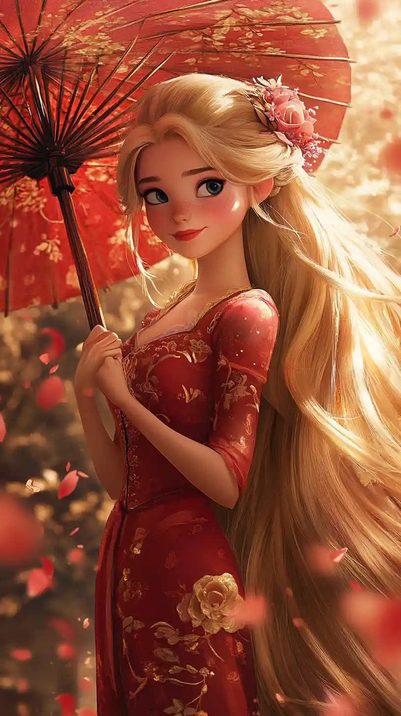 Princess with flowing blonde hair in red floral dress