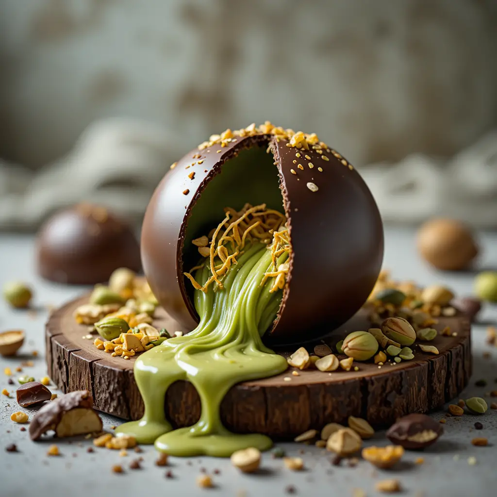 Luxurious chocolate dessert with pistachio cream and kataifi