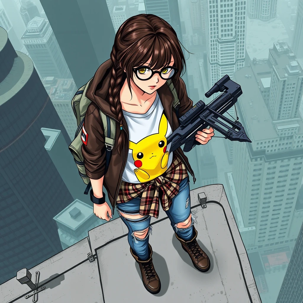 Edgy urban woman on skyscraper roof with crossbow