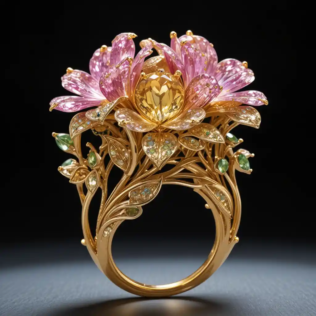 色とりどりの宝石の花びらを持つゴールドのフリージアフラワーリング