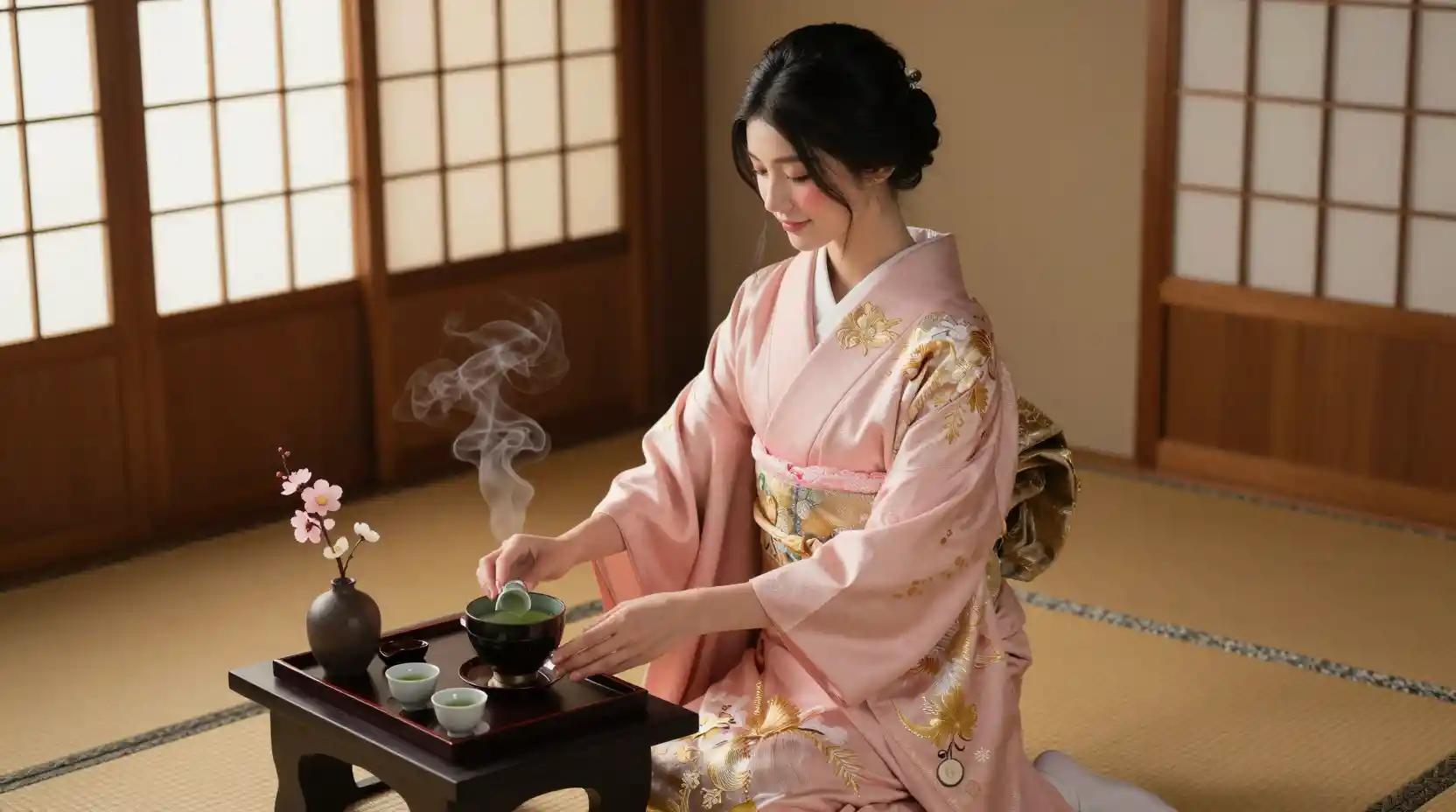 Elegant woman in pink kimono serving matcha on tatami