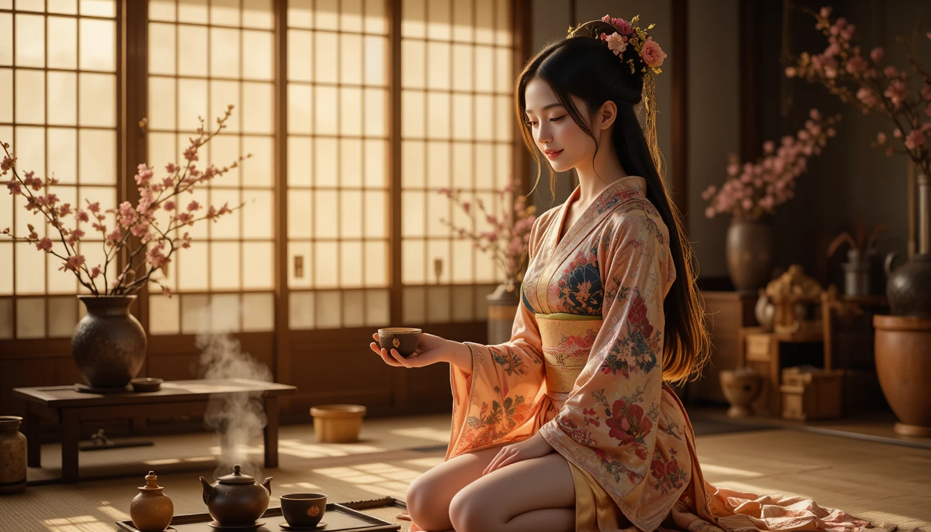 Elegant girl in pink kimono serving matcha on tatami