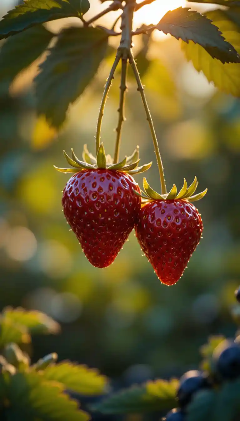 Fragole mature in controluce su un morbido fogliame verde da giardino