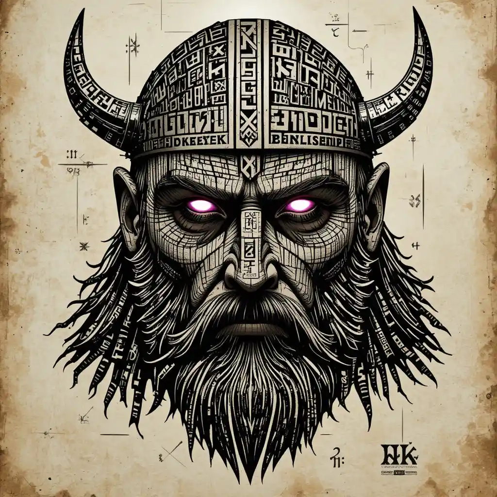 Viking warrior face built entirely from glowing runes