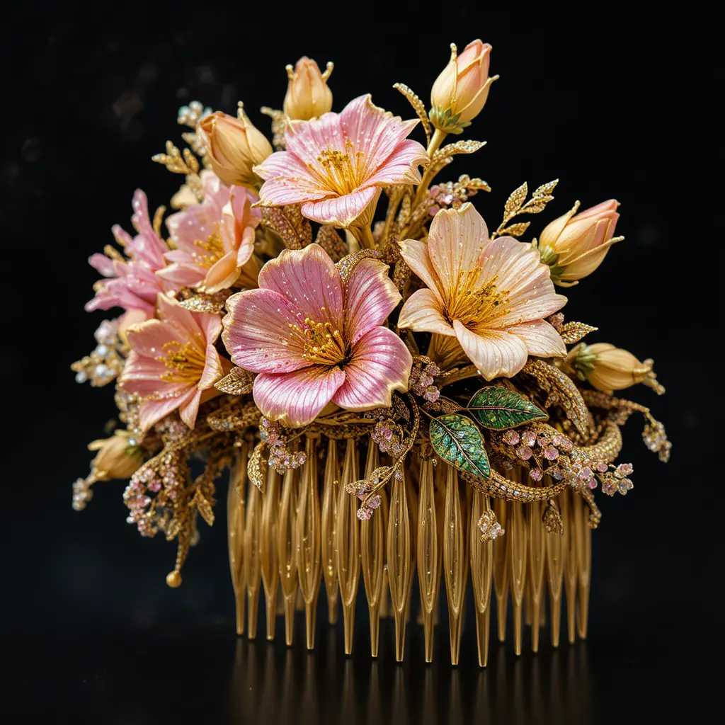 Goldener Freesien-Haarkamm mit rosa und gelben Edelsteinblüten