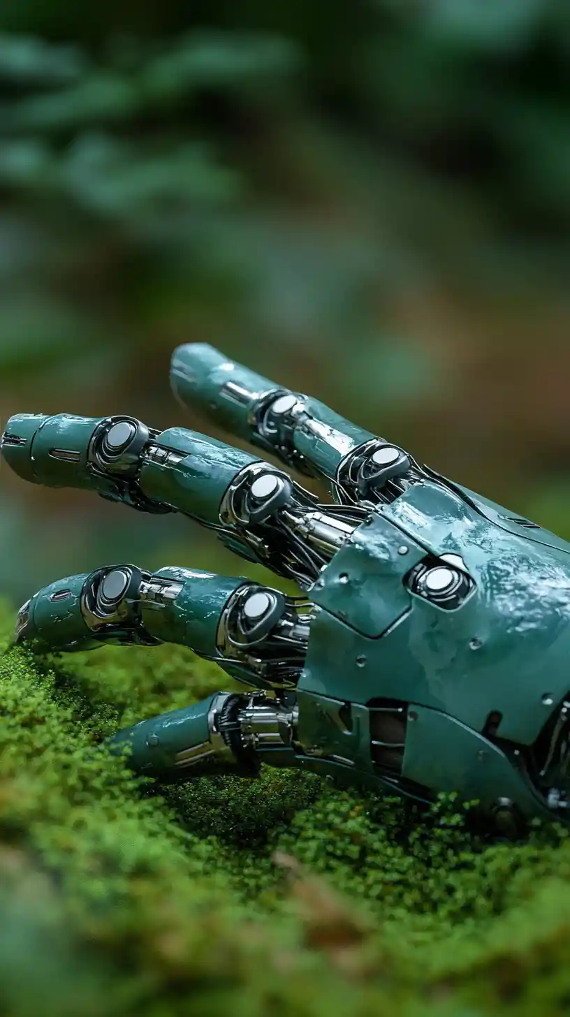 Main robotique reposant sur l’herbe avec un arrière-plan naturel flou