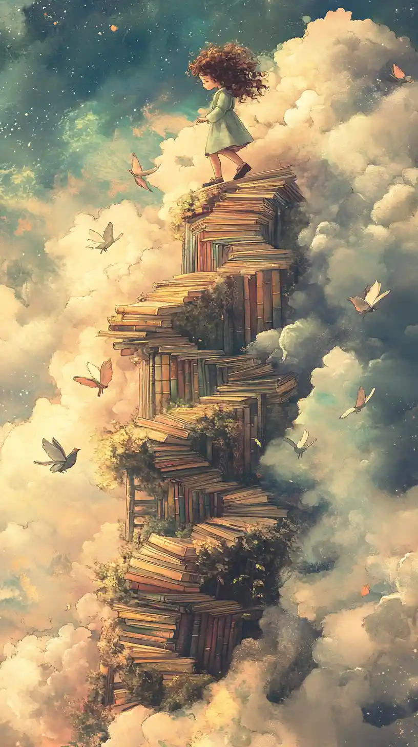 Young girl climbing book staircase into dreamy sky doorway