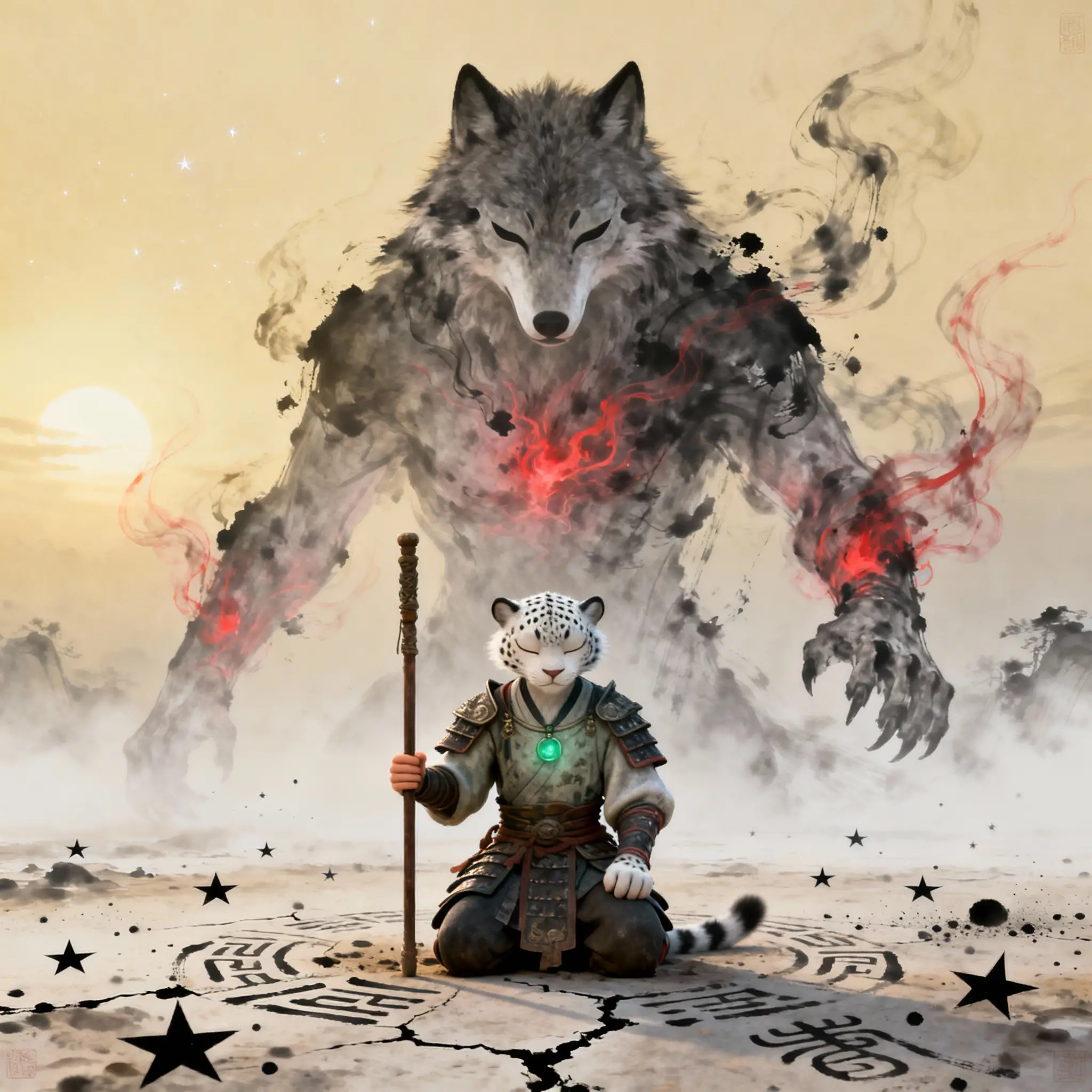 Anthropomorphic Snow Leopard Warrior In Mythic Silence