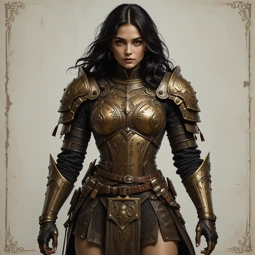 Fearless female warrior in ornate bronze fantasy armor