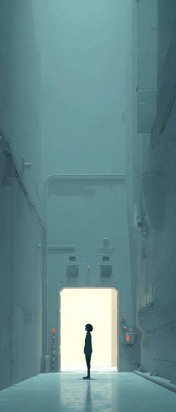 Figura solitaria en un corredor espacial retro sci‑fi minimalista