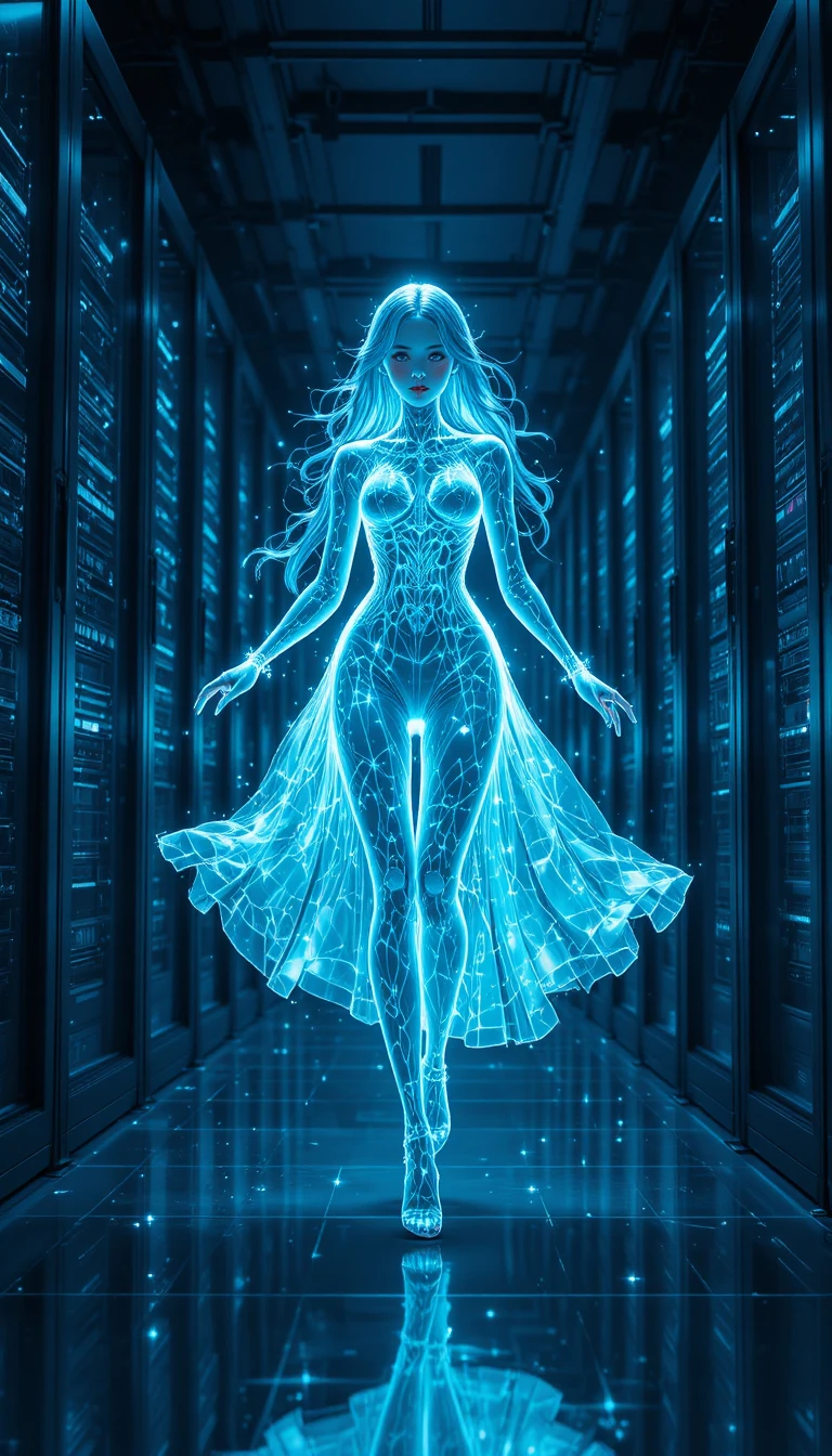 Leuchtende digitale Geisterfrau im futuristischen Serverraum