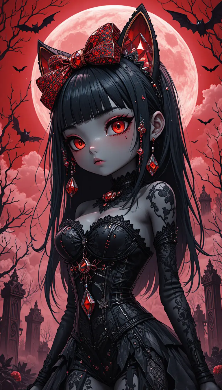 Gothic anime cat girl with ruby crystals in misty graveyard
