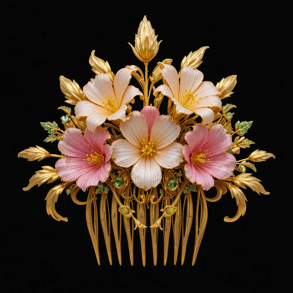 Goldene Freesien-Haarkamm mit rosa und gelben Topasblüten