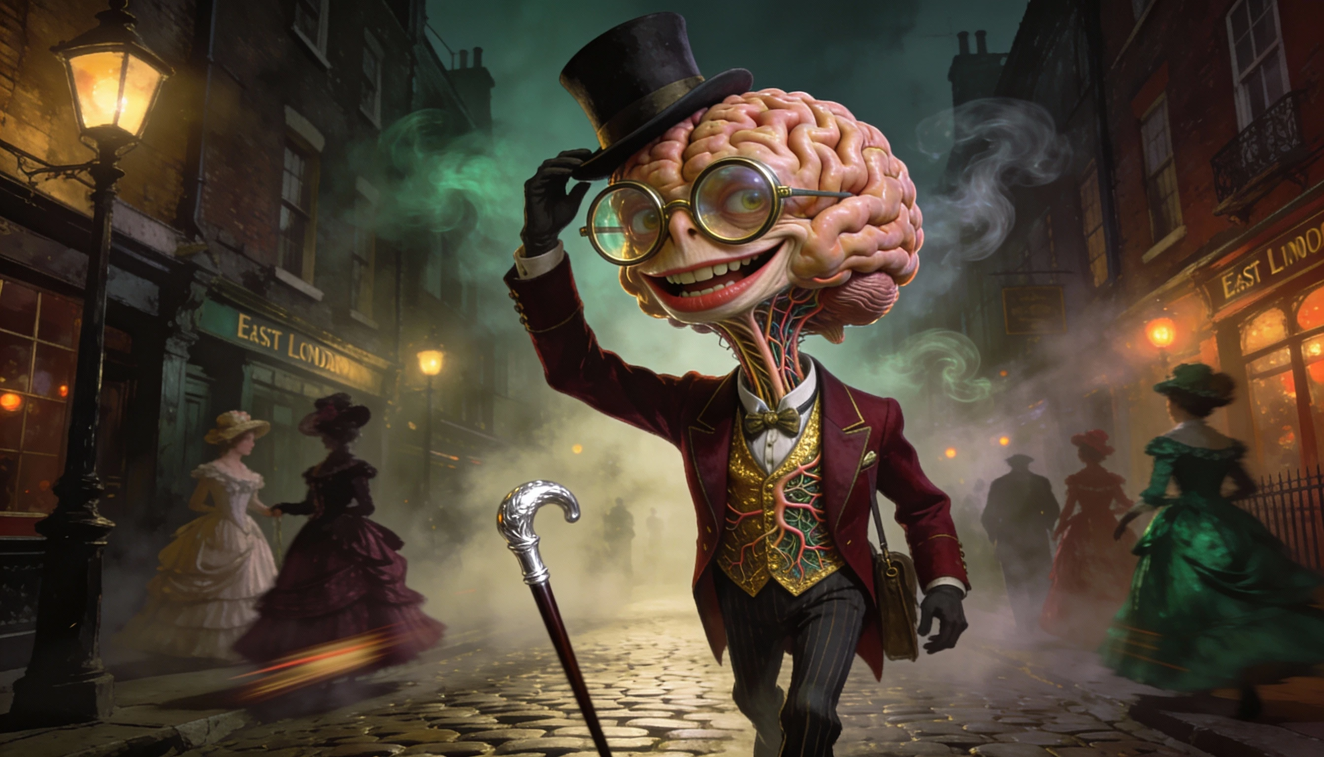 Creatura Cerebrale Elegante che Passeggia nei Vecchi Vicoli di Londra