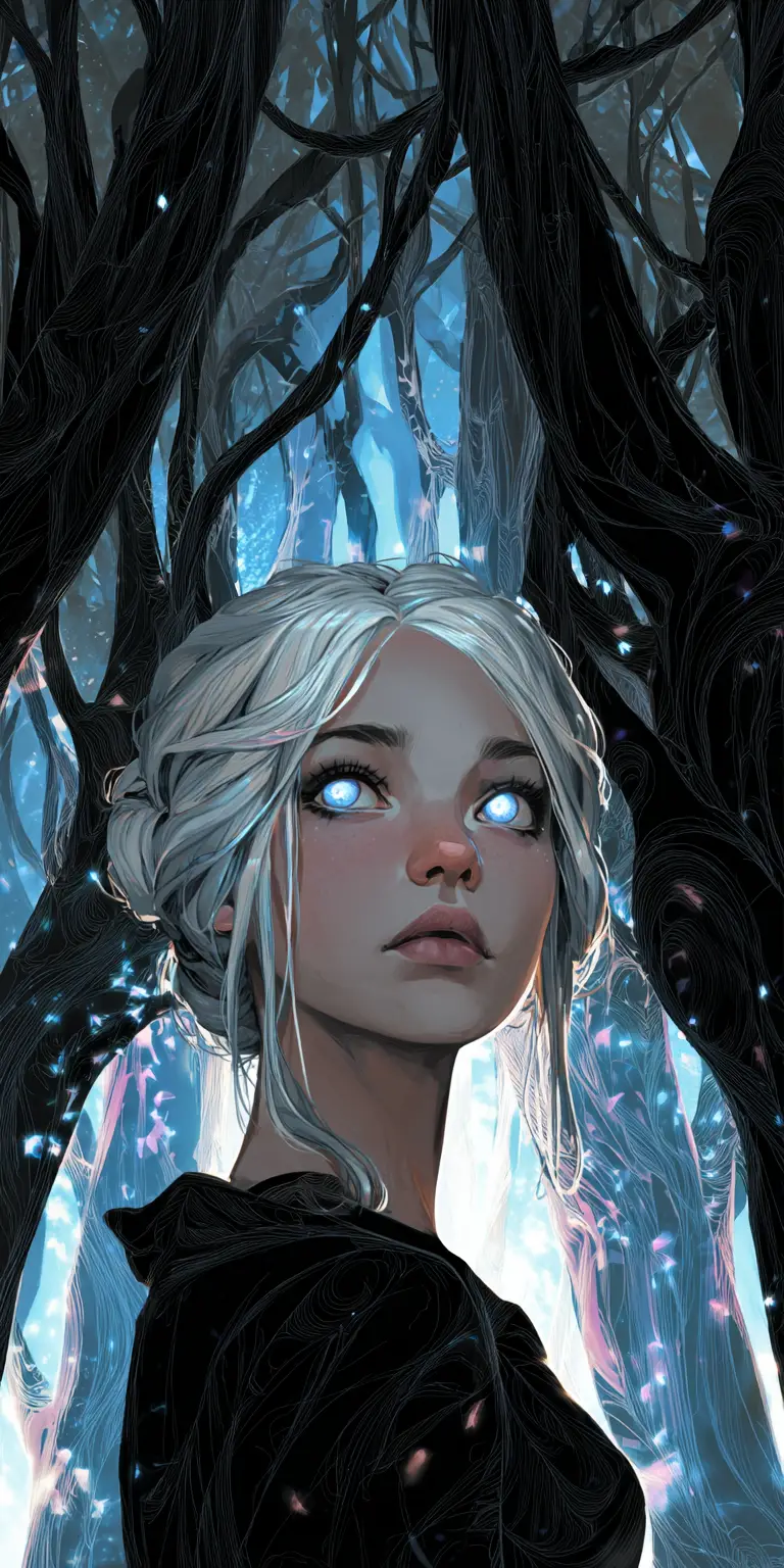 Silver eyed fantasy woman in a glowing enchanted forest