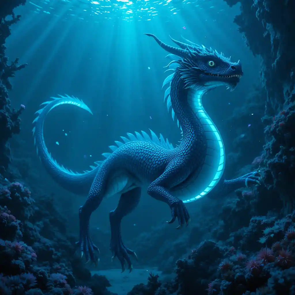 Royal dragon swimming through a glowing coral sea palace