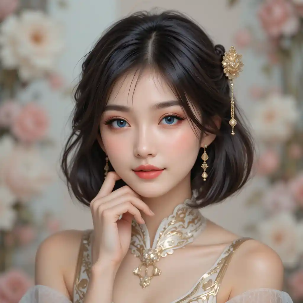 優雅金色花飾點綴的動漫少女肖像