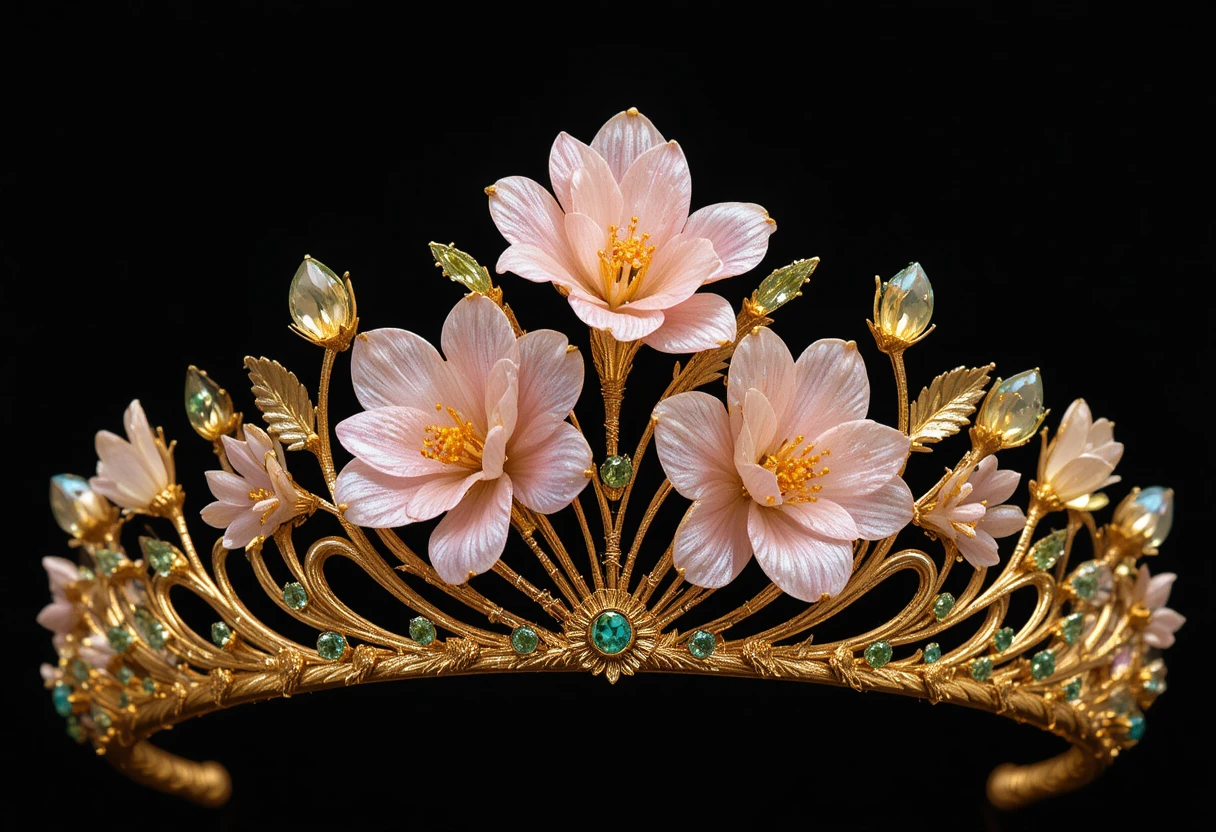 Tiara de ouro com flores de frésia em gemas sobre fundo preto