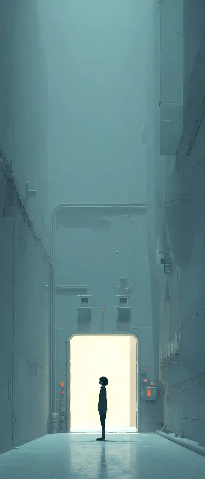 Einsame Gestalt in einem minimalistischen Retro-Sci-Fi-Weltraumkorridor