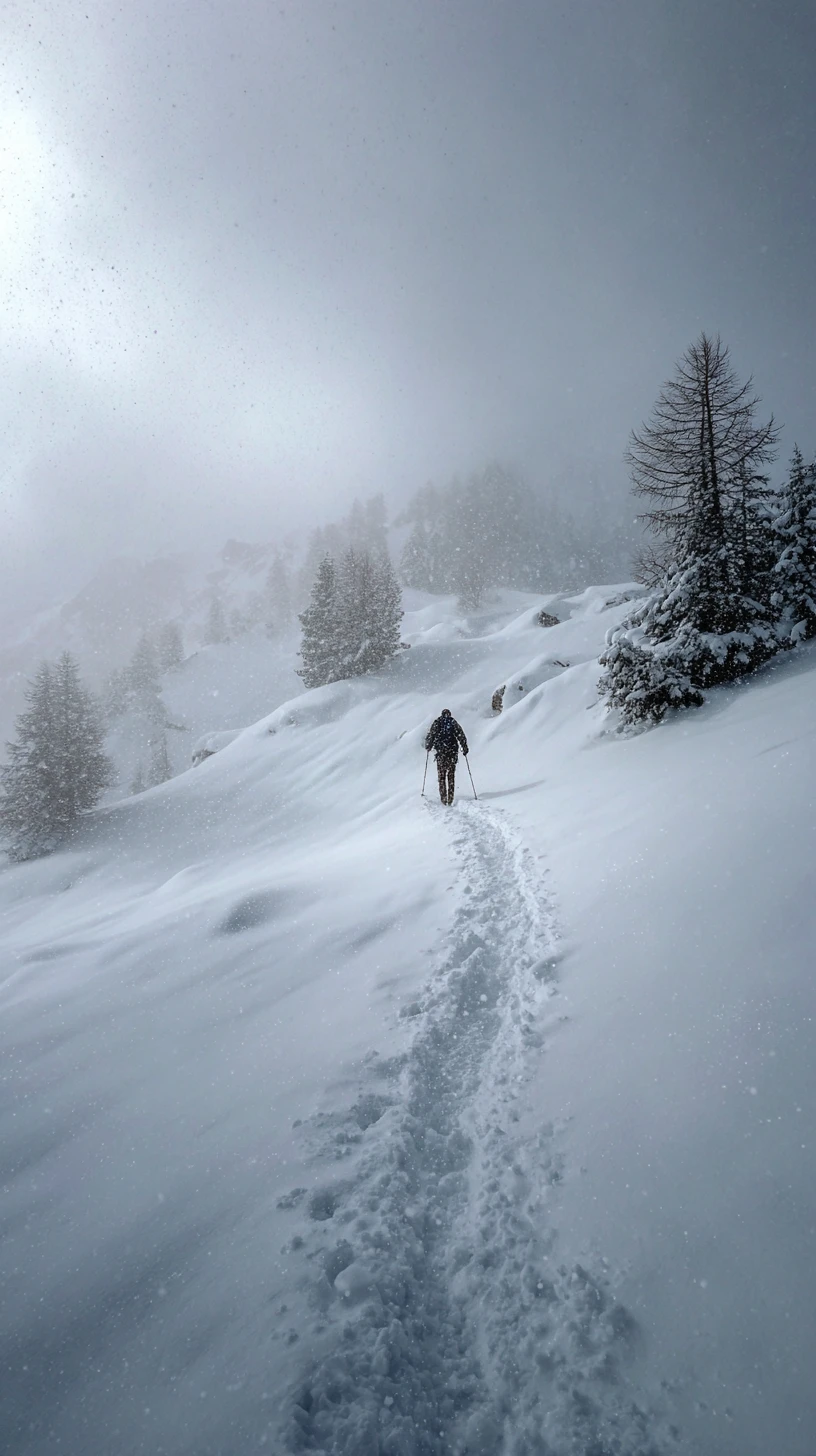 Footsteps marking a quiet walk across fresh snow