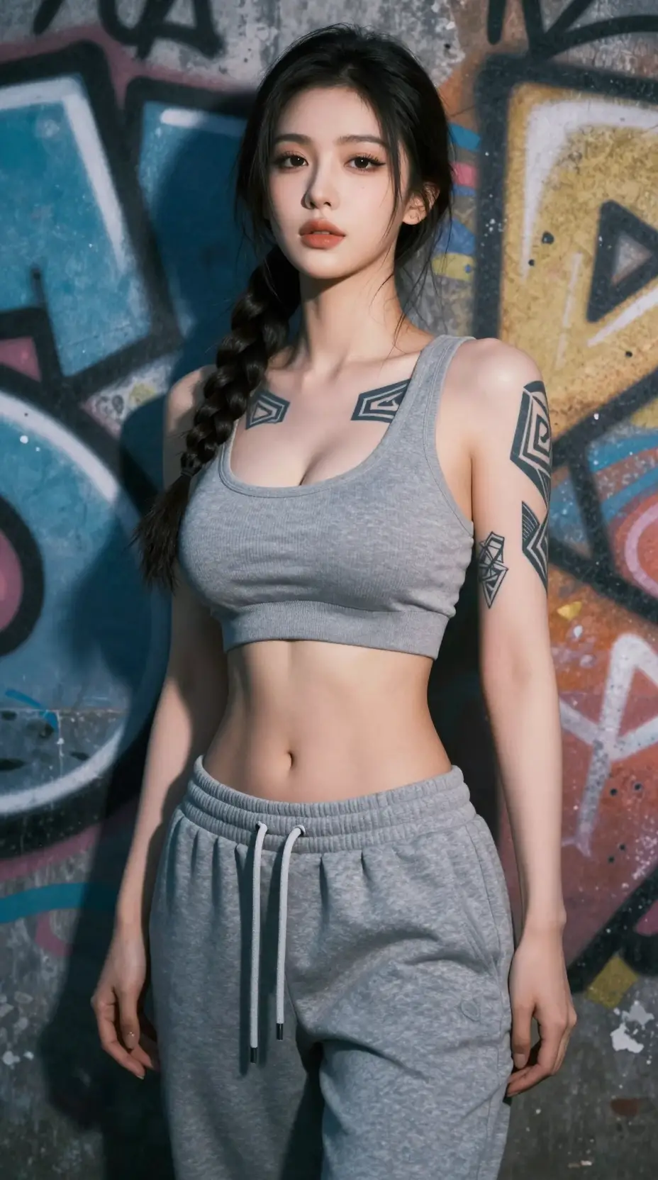 Tattooed Chinese woman in sporty outfit by graffiti wall
